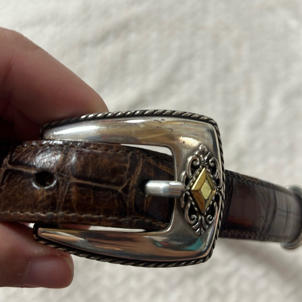 Brighton Brown Croc Grain Leather Silver Gold Hinged Belt #40388
